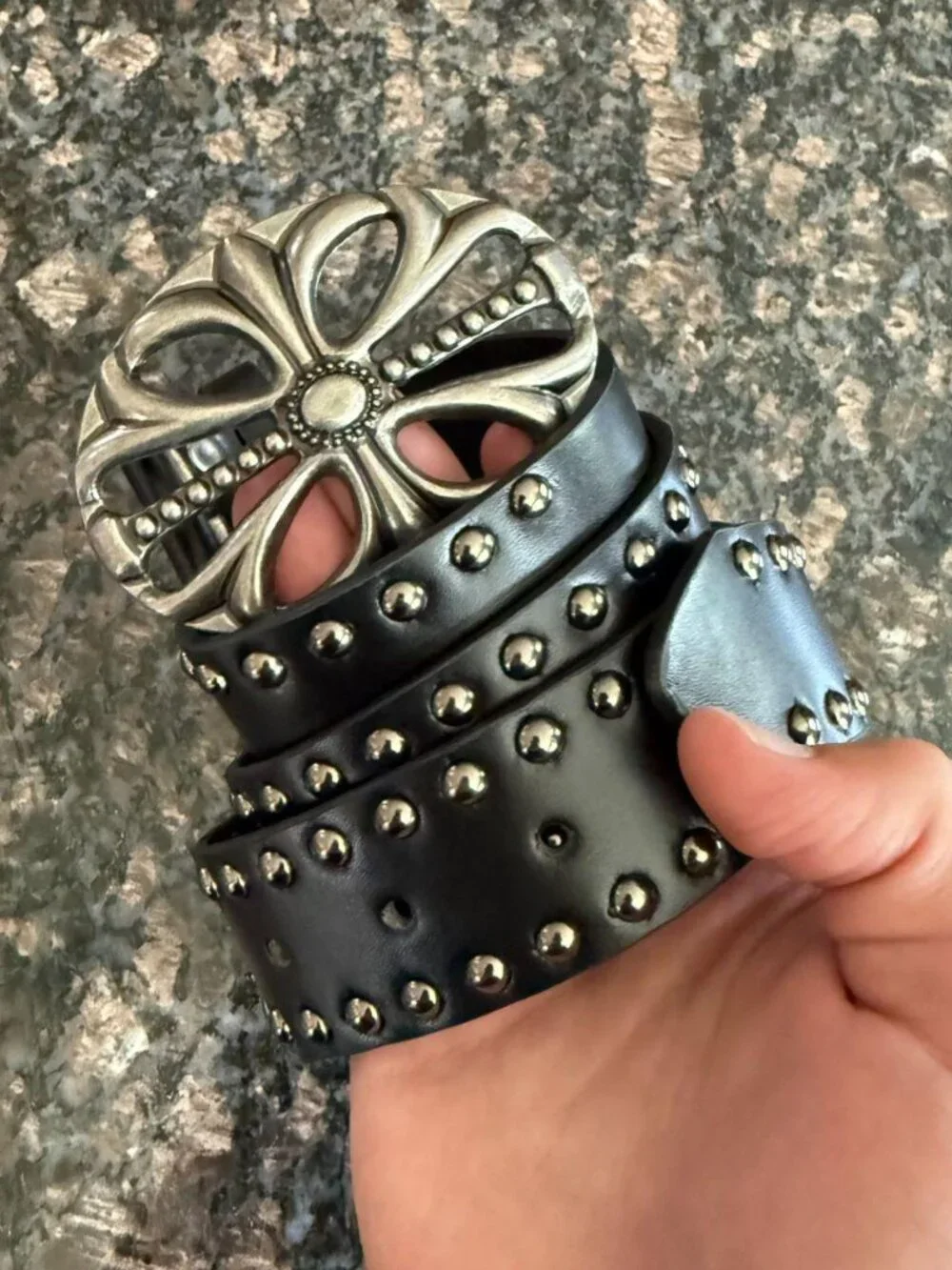 Black Belt with Ornate Floral Cutout Buckle